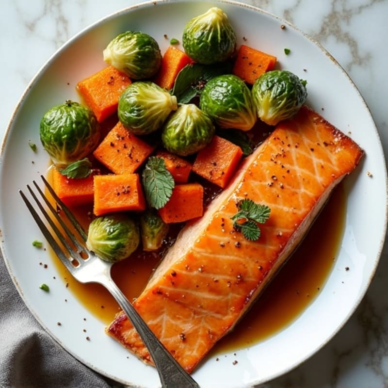 Sheet Pan Maple-Glazed Salmon with Roasted Sweet Potatoes and Crispy Brussels Sprouts