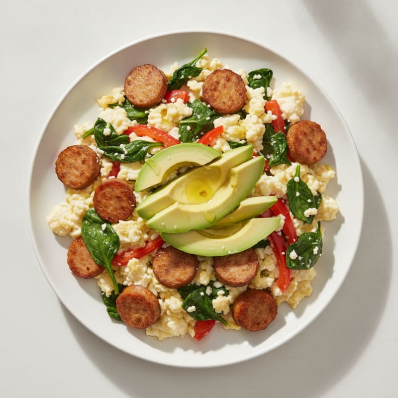 Egg White and Turkey Sausage Scramble with Spinach and Bell Peppers