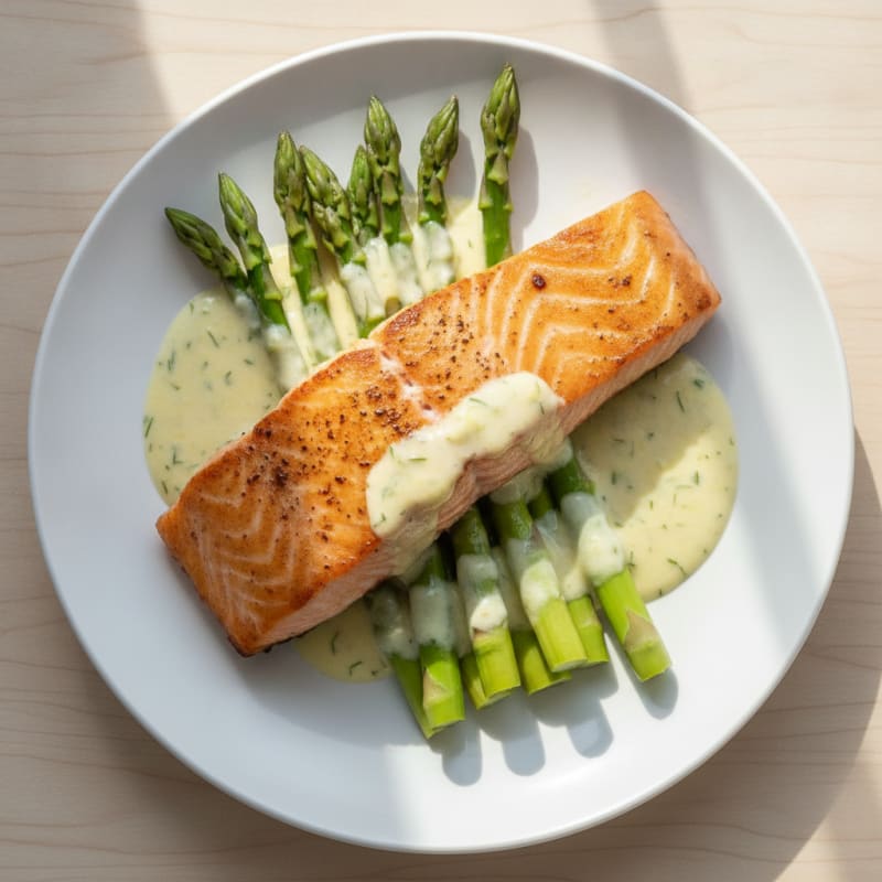 Seared Salmon with Steamed Asparagus and Lemon-Dill Yogurt Sauce