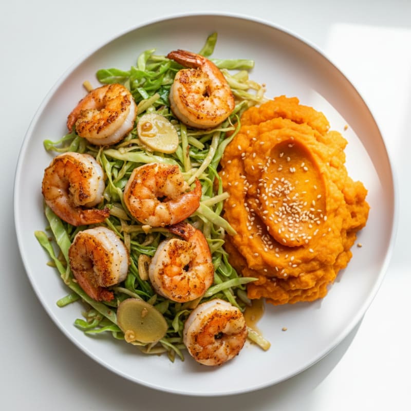 Seared Shrimp and Cabbage Stir-Fry with Sweet Potato Mash