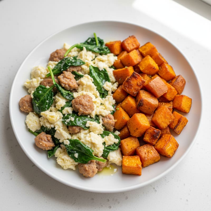 Egg White and Turkey Sausage Scramble with Spinach and Roasted Sweet Potatoes