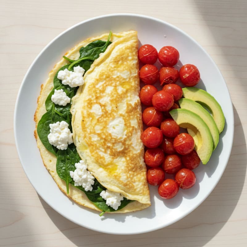 Egg White Spinach Omelet with Cottage Cheese and Cherry Tomatoes
