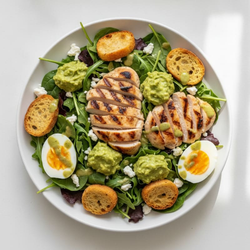 Grilled Chicken and Avocado Salad with Crunchy Bread Croutons