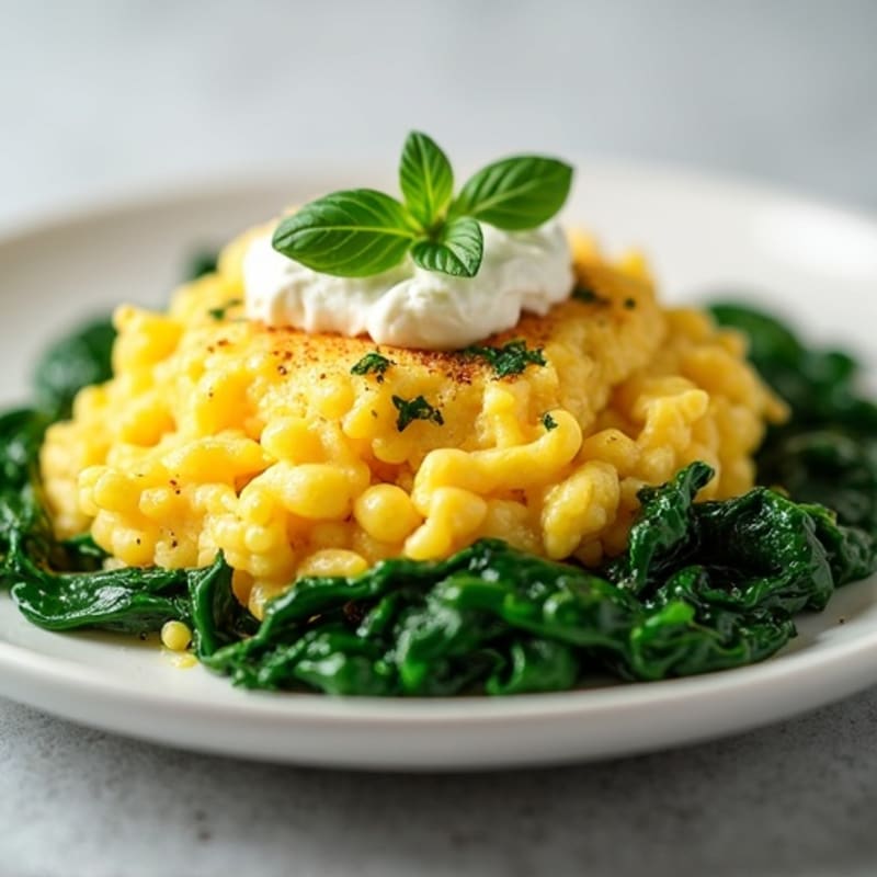 Fluffy Scrambled Eggs with Sautéed Greens and Herbs