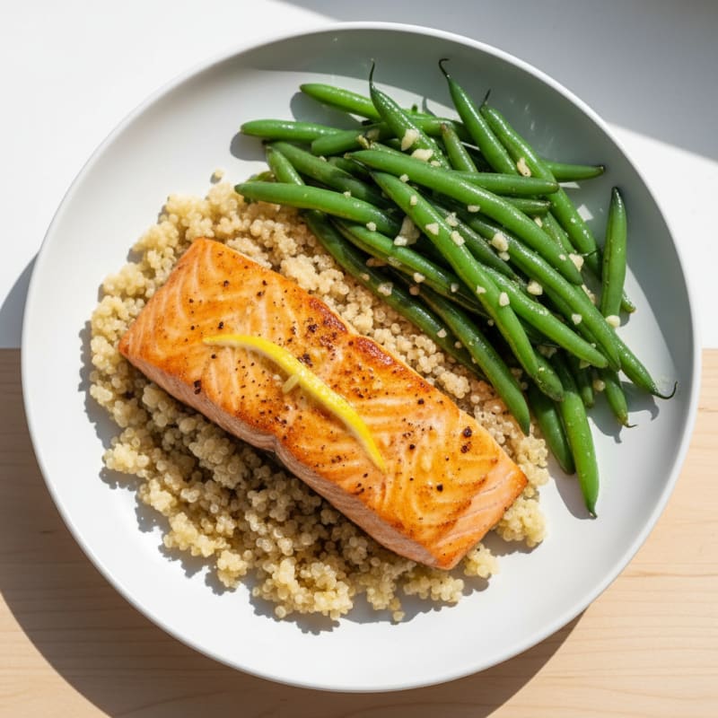 Seared Salmon with Garlic Green Beans and Quinoa