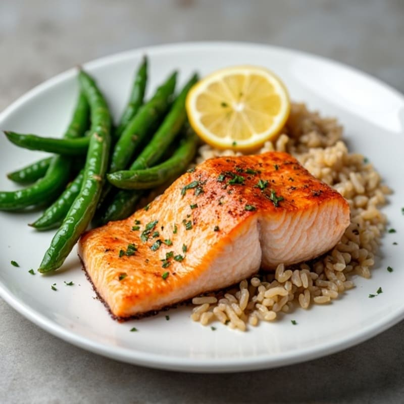 Seared Salmon Fillet with Garlic Green Beans and Brown Rice