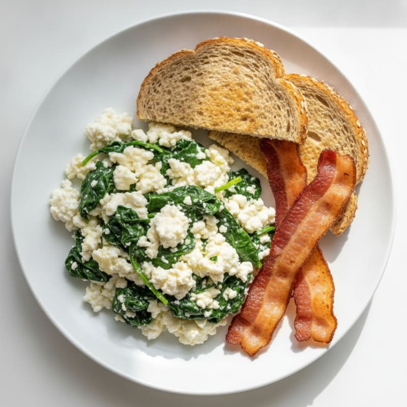 Cottage Cheese Egg White Scramble with Spinach and Turkey Bacon