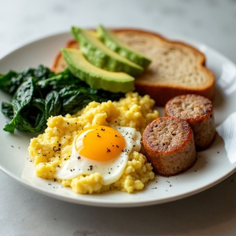 Egg White Scramble with Chicken Sausage and Sautéed Spinach