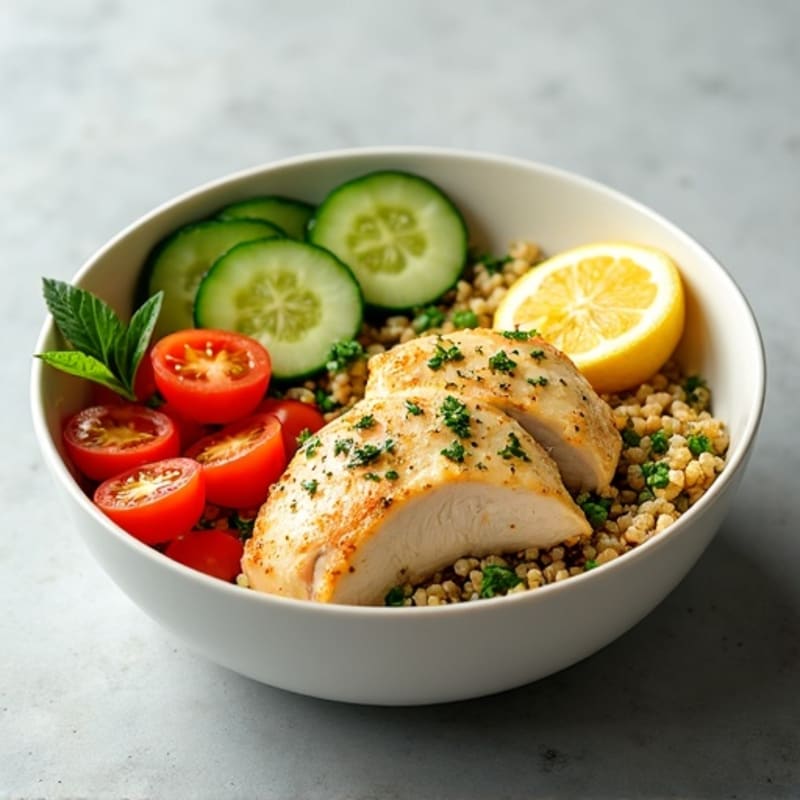 Lemon-Herb Chicken with Cucumber Tomato Quinoa Bowl