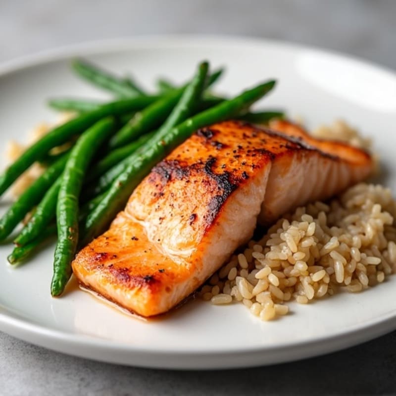 Seared Salmon Fillet with Garlic Green Beans and Brown Rice