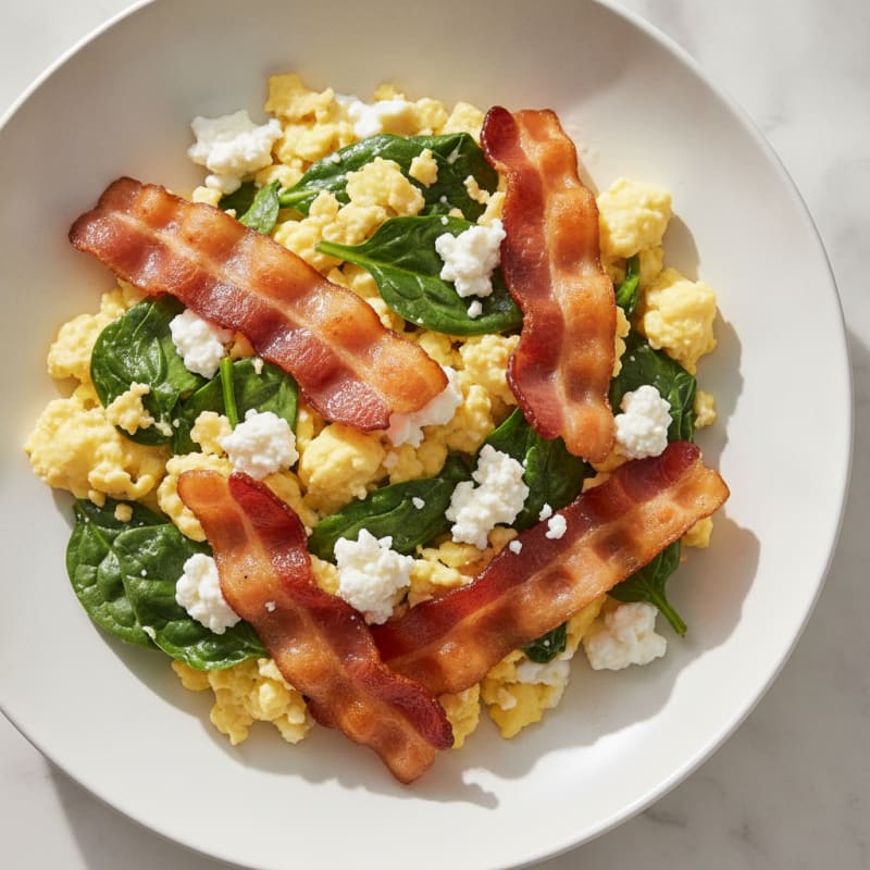 Cottage Cheese Egg Scramble with Spinach and Turkey Bacon