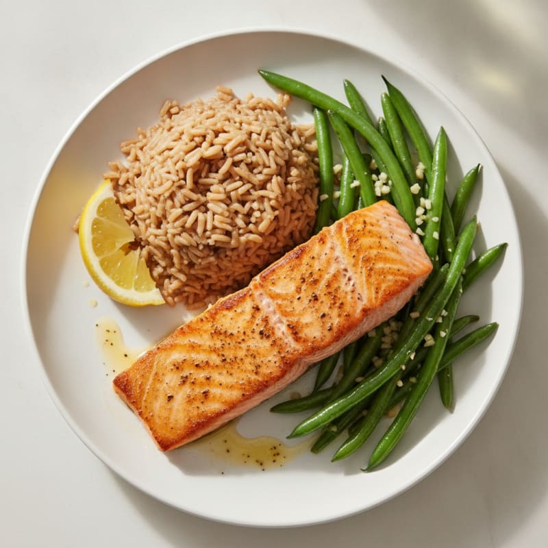 Seared Salmon with Garlic Green Beans and Brown Rice