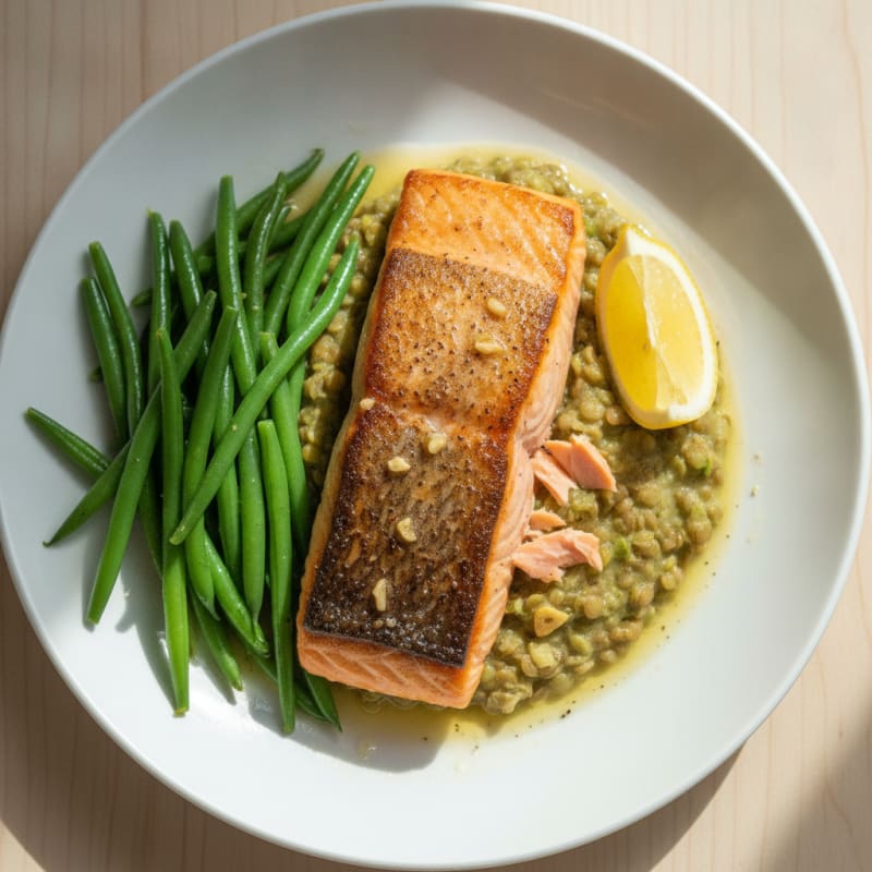 Seared Salmon with Garlic Green Beans and Lentil Mash