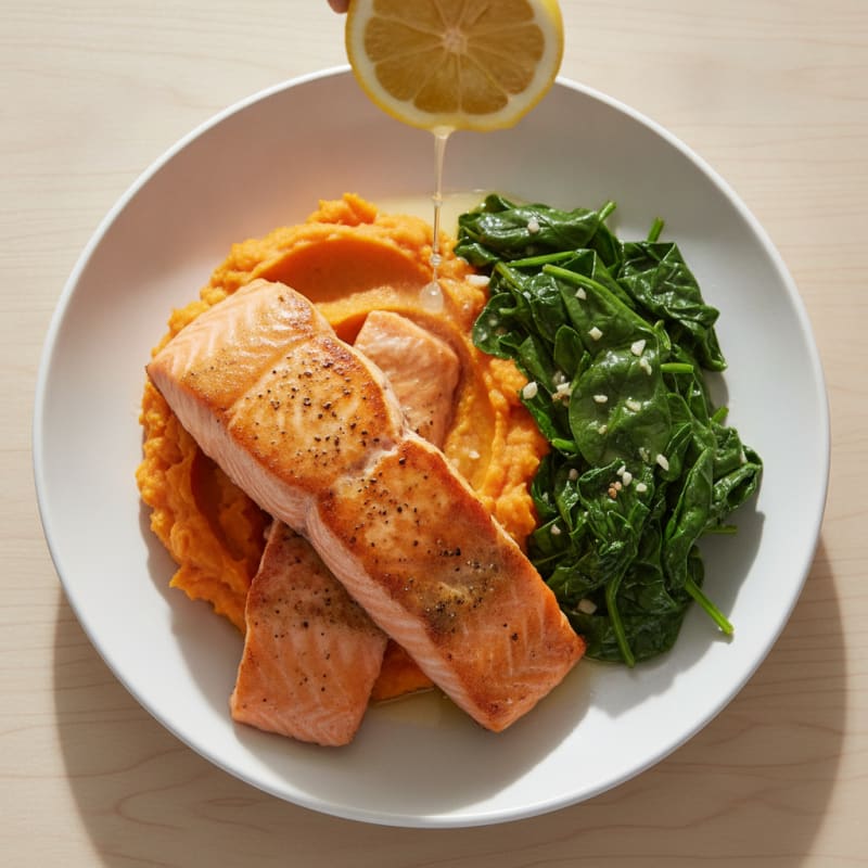 Seared Salmon with Garlic Spinach and Sweet Potato Mash