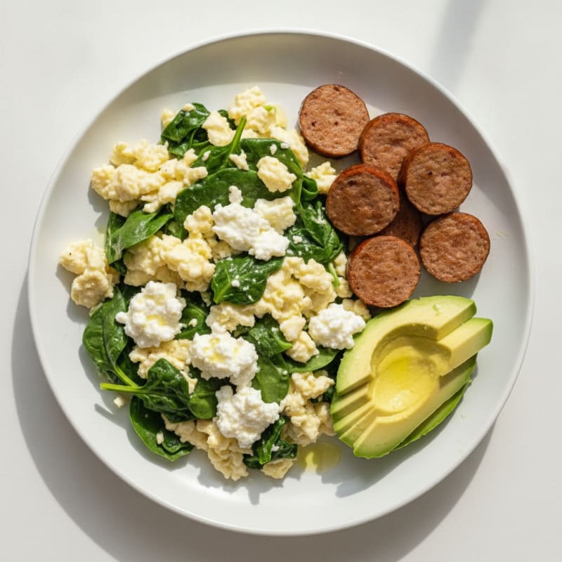 Egg White Spinach Scramble with Cottage Cheese and Turkey Sausage