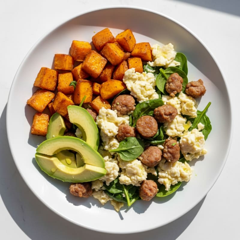 Egg White and Turkey Sausage Scramble with Roasted Sweet Potatoes