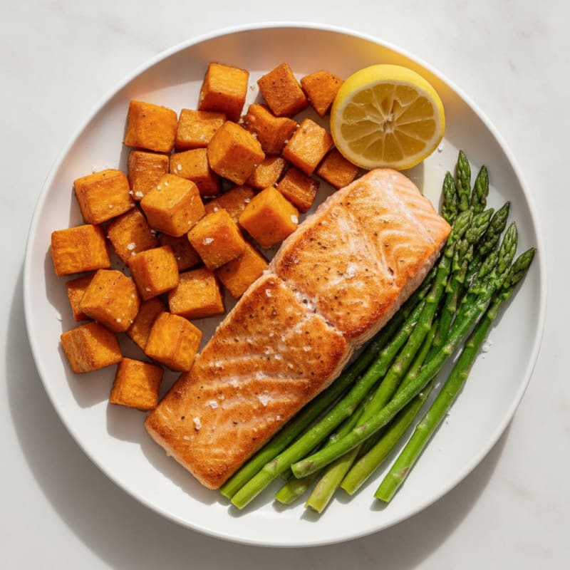 Seared Salmon with Roasted Sweet Potatoes and Asparagus