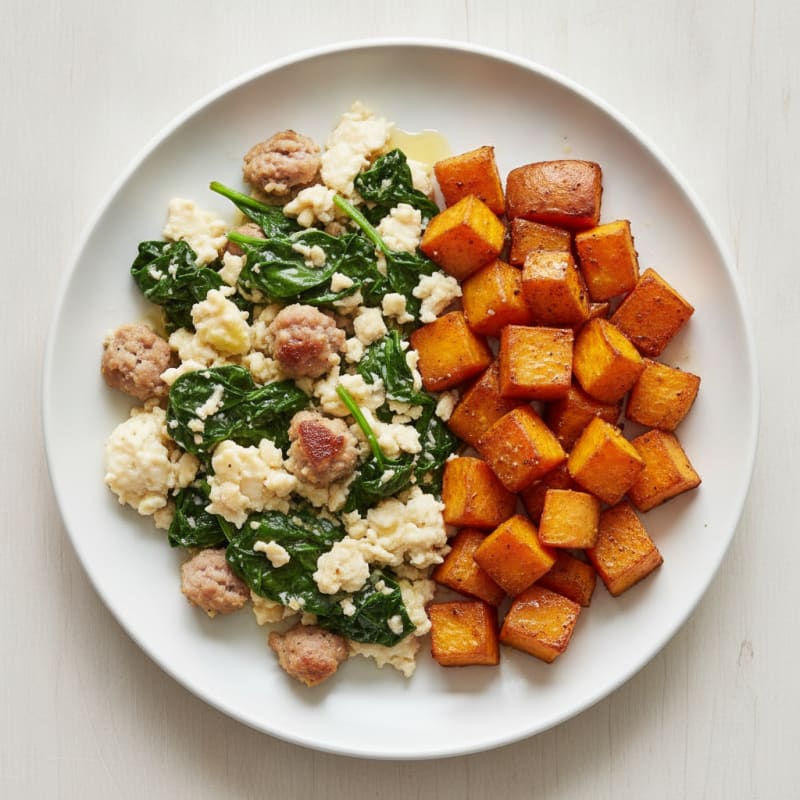 Egg White and Turkey Sausage Scramble with Spinach and Roasted Sweet Potatoes