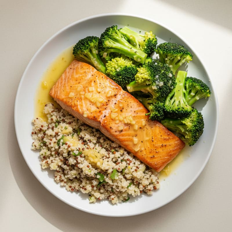 Seared Lemon Garlic Salmon with Steamed Broccoli and Quinoa
