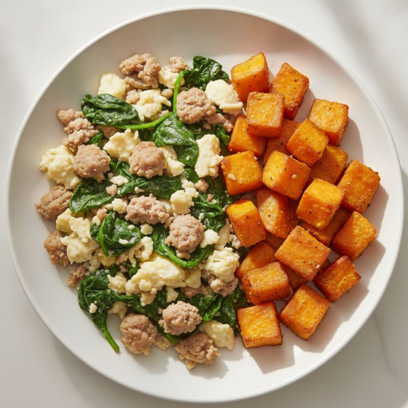 Egg White and Turkey Sausage Scramble with Spinach and Roasted Sweet Potato