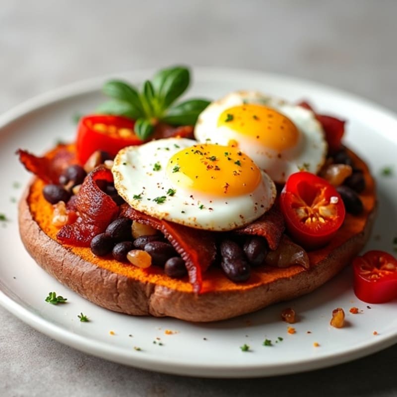 Sweet Potato Hash with Crispy Turkey Bacon and Poached Eggs