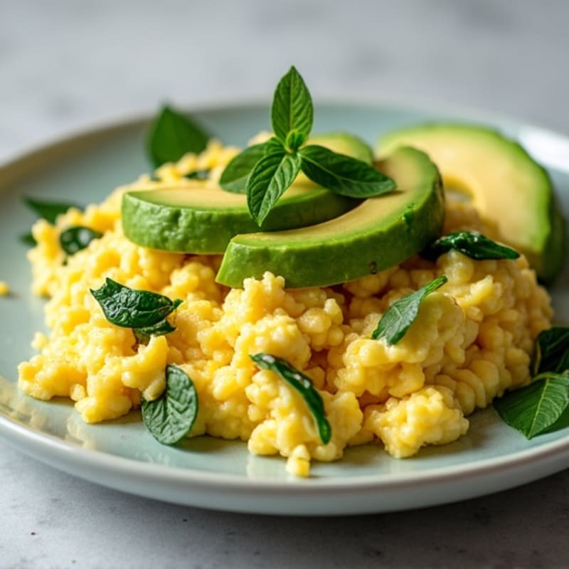 Fluffy Scrambled Eggs with Sautéed Spinach and Avocado