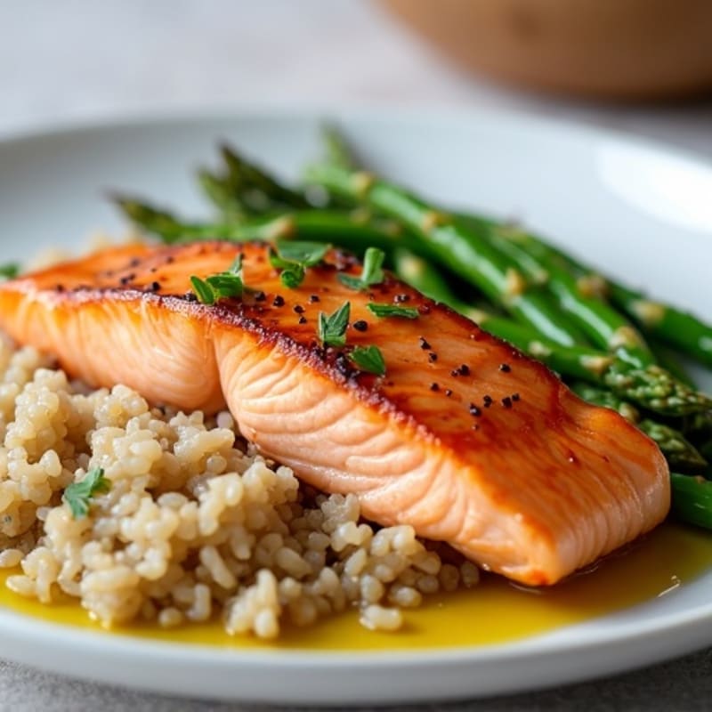 Seared Salmon Fillet with Steamed Asparagus and Brown Rice