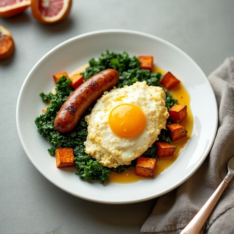 Egg White Spinach Scramble with Turkey Sausage and Roasted Sweet Potatoes