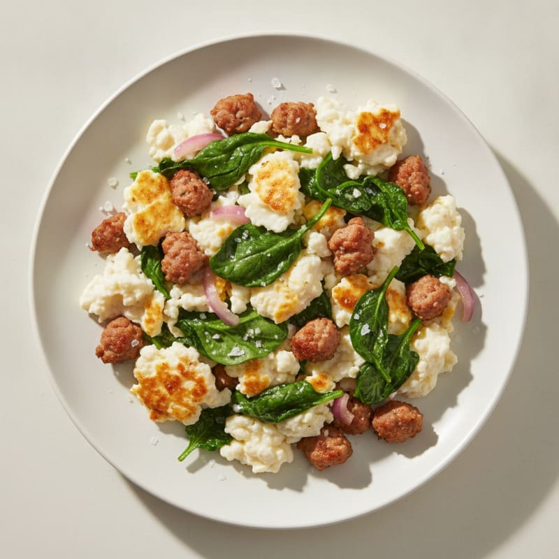 Egg White Scramble with Turkey Sausage and Sautéed Spinach