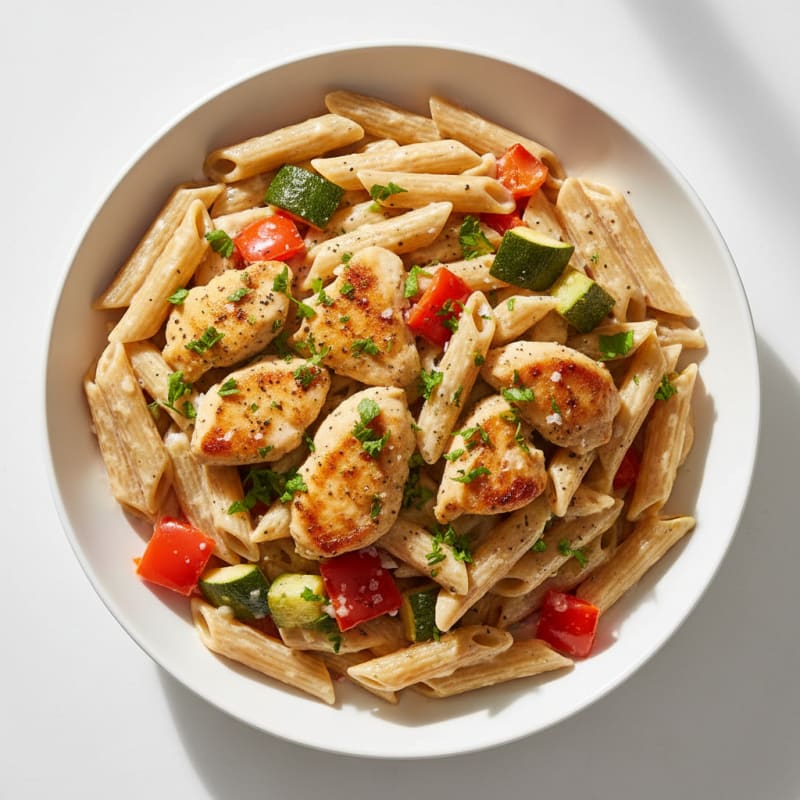 Creamy Garlic Chicken Pasta with Roasted Vegetables