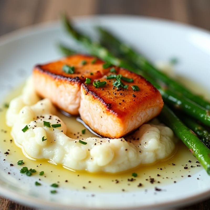 Seared Salmon with Steamed Asparagus and Cauliflower Mash