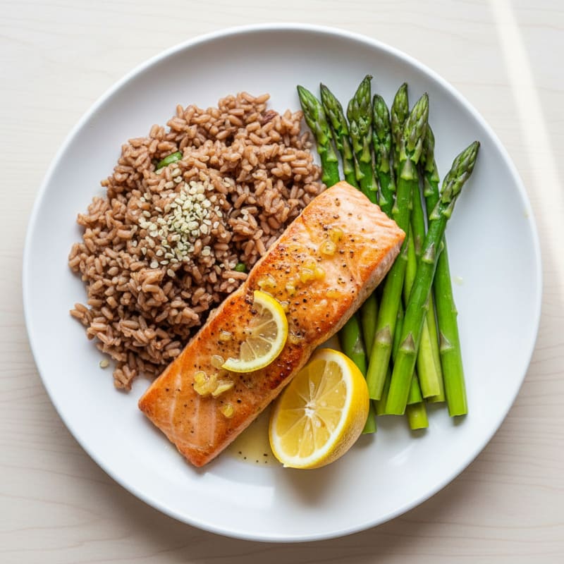 Seared Salmon Fillet with Steamed Asparagus and Brown Rice