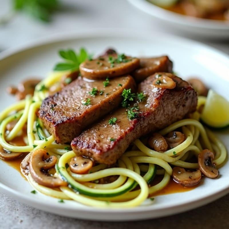 Lean Beef Tips with Zucchini Noodles and Mushroom Gravy