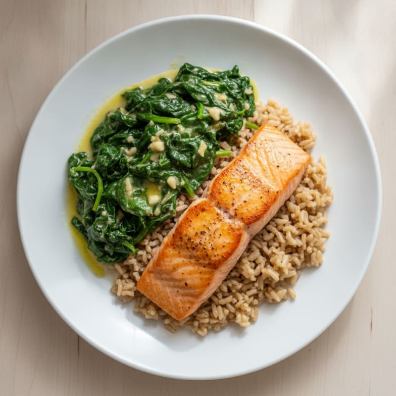 Seared Salmon with Creamy Garlic Spinach and Brown Rice