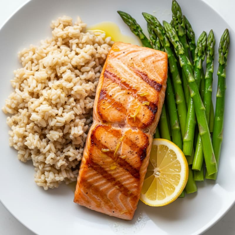 Seared Salmon with Steamed Asparagus and Brown Rice