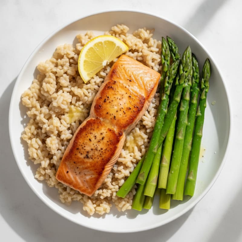 Seared Salmon with Steamed Asparagus and Brown Rice