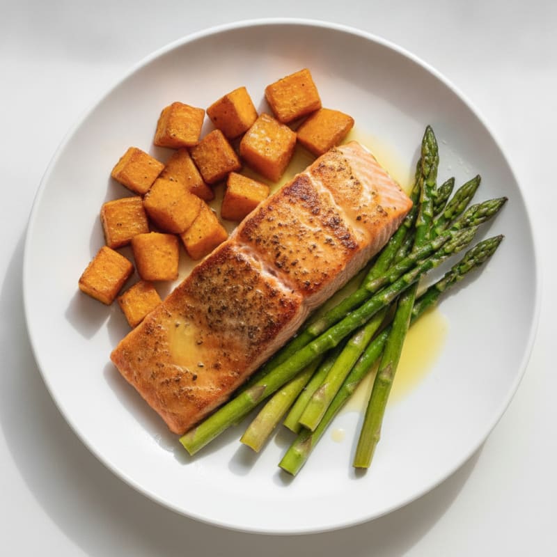 Seared Salmon with Roasted Sweet Potato and Asparagus