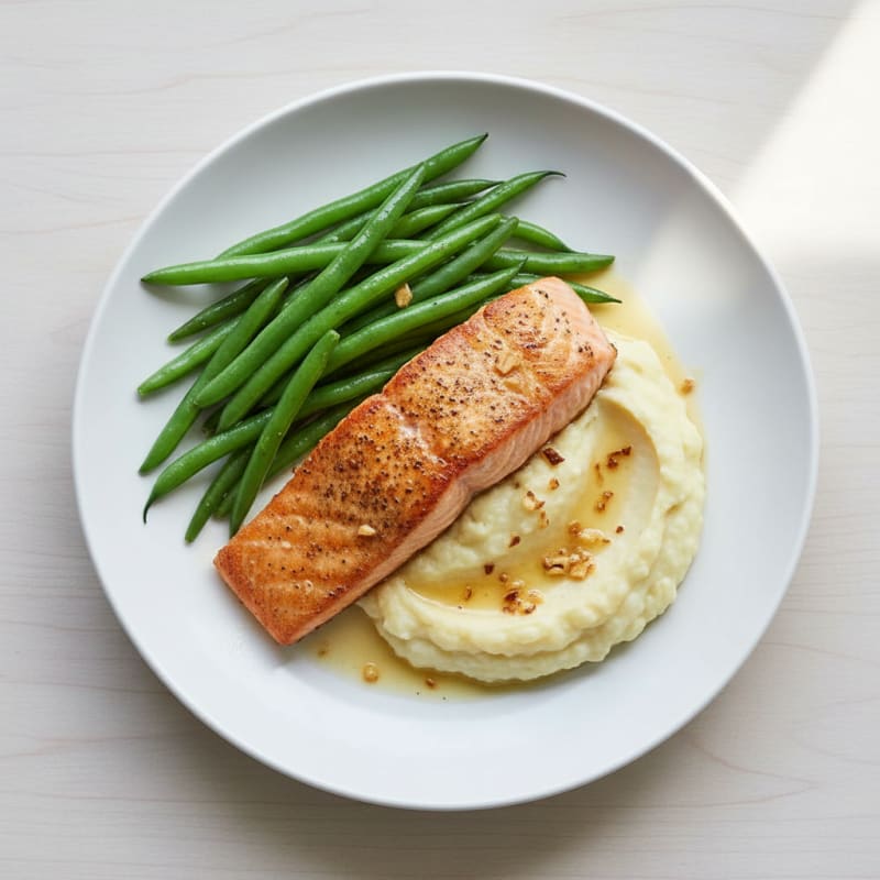 Seared Salmon with Steamed Green Beans and Garlic Mashed Cauliflower