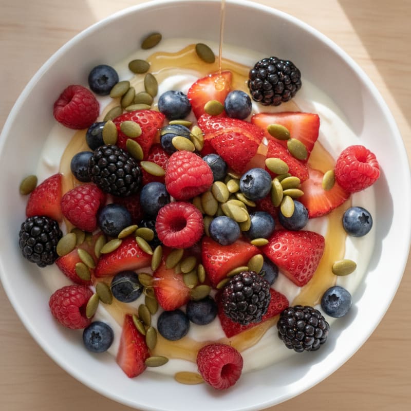 Greek Yogurt Bowl with Mixed Berries and Pumpkin Seeds
