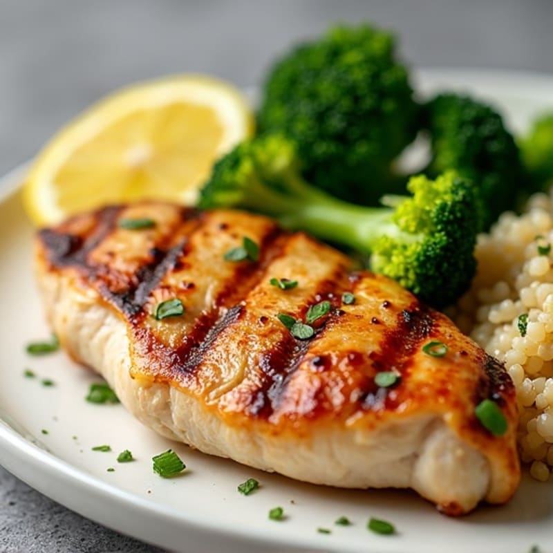 Grilled Lemon Garlic Chicken Breast with Quinoa and Steamed Broccoli