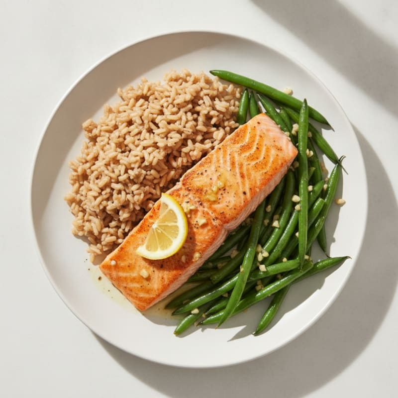 Seared Salmon with Garlic Green Beans and Brown Rice