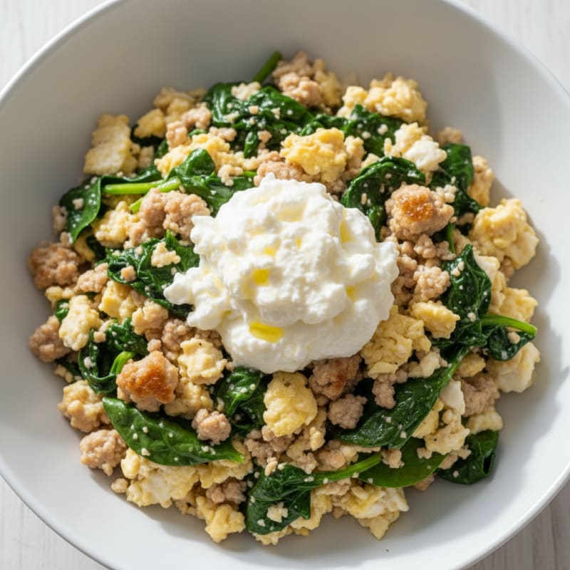 Egg White and Turkey Spinach Scramble with Cottage Cheese