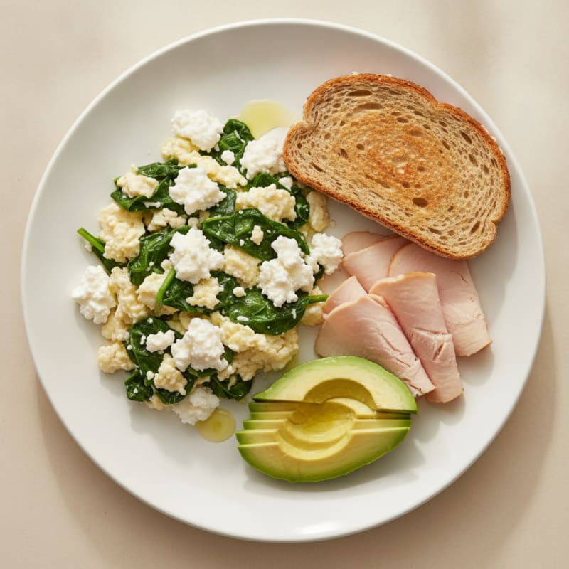 Egg White and Spinach Scramble with Cottage Cheese and Sliced Turkey