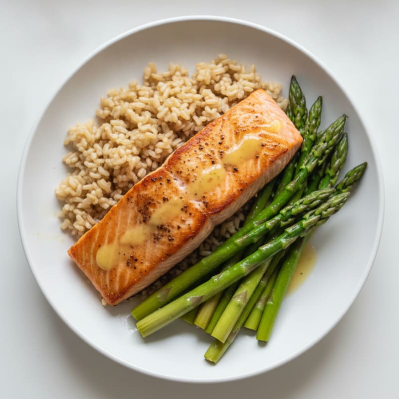 Seared Salmon with Steamed Asparagus and Brown Rice