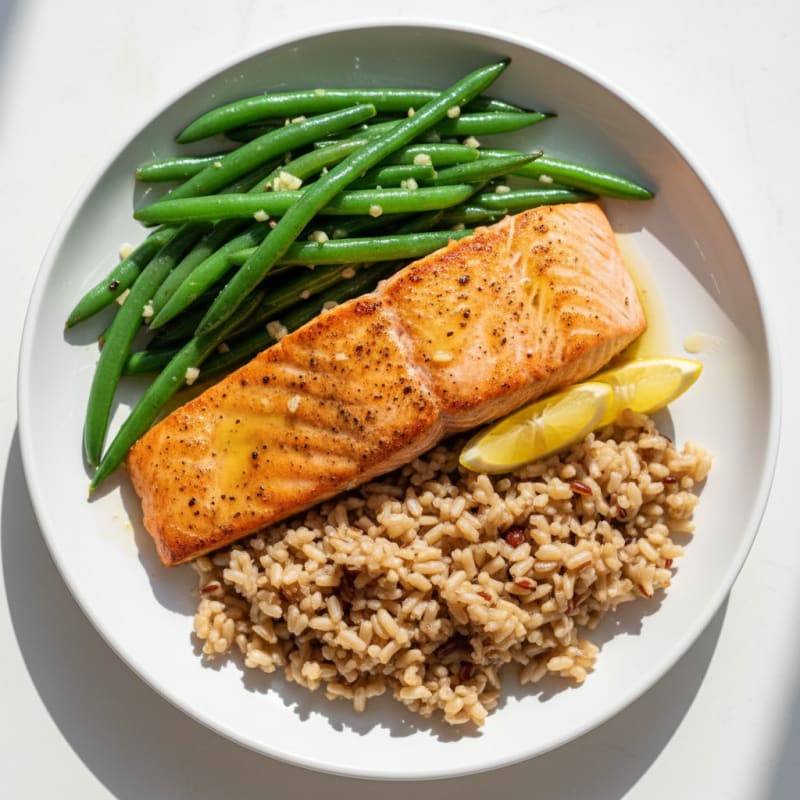 Seared Salmon with Garlic Green Beans and Brown Rice