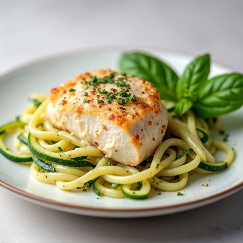 Creamy Zucchini Noodle Chicken Alfredo Bake