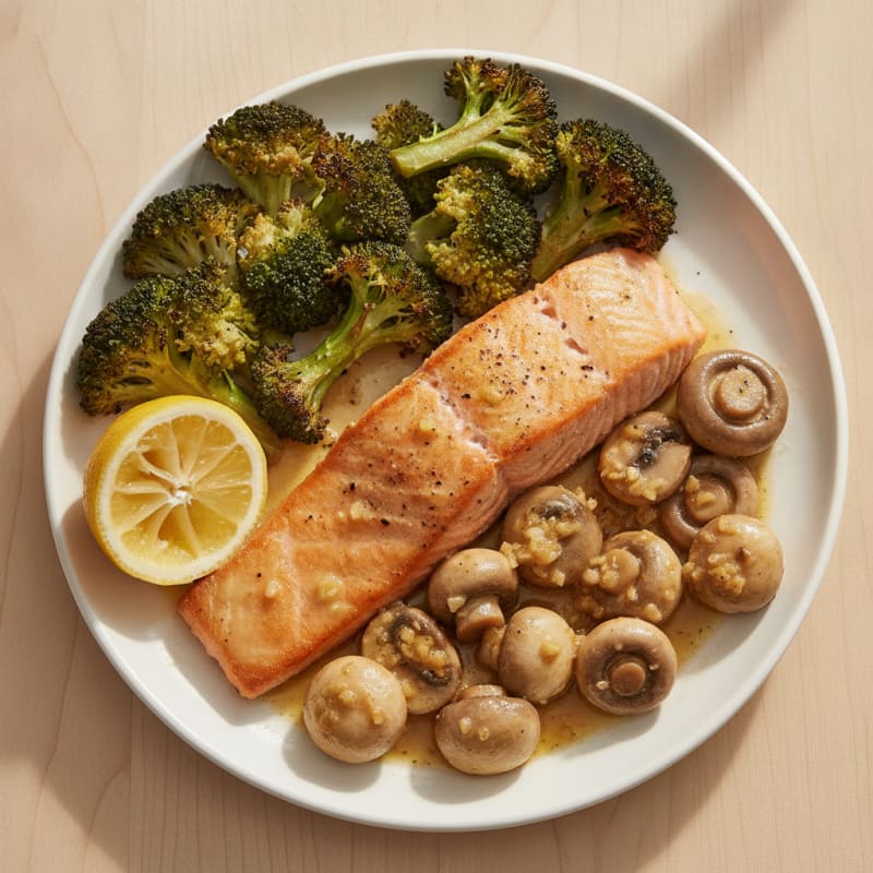 Seared Salmon with Roasted Broccoli and Garlic Butter Mushrooms