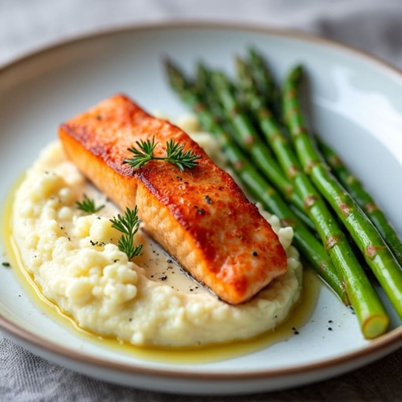 Seared Salmon Fillet with Steamed Asparagus and Cauliflower Mash