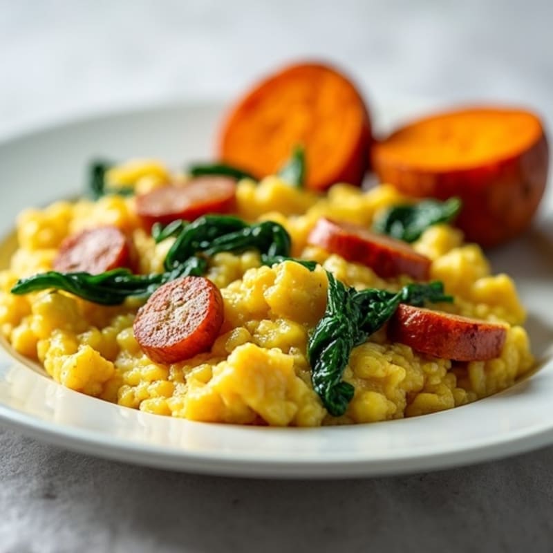 Egg White and Turkey Sausage Scramble with Spinach and Roasted Sweet Potato