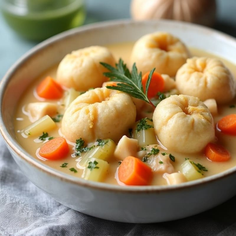 Hearty Creamy Chicken and Vegetable Stew with Fluffy Dumplings
